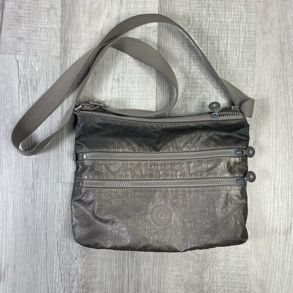 Kipling Gabbie Metallic Crossbody Handbag Silver Gray Adjustable Strap Large Bag - Picture 1 of 12